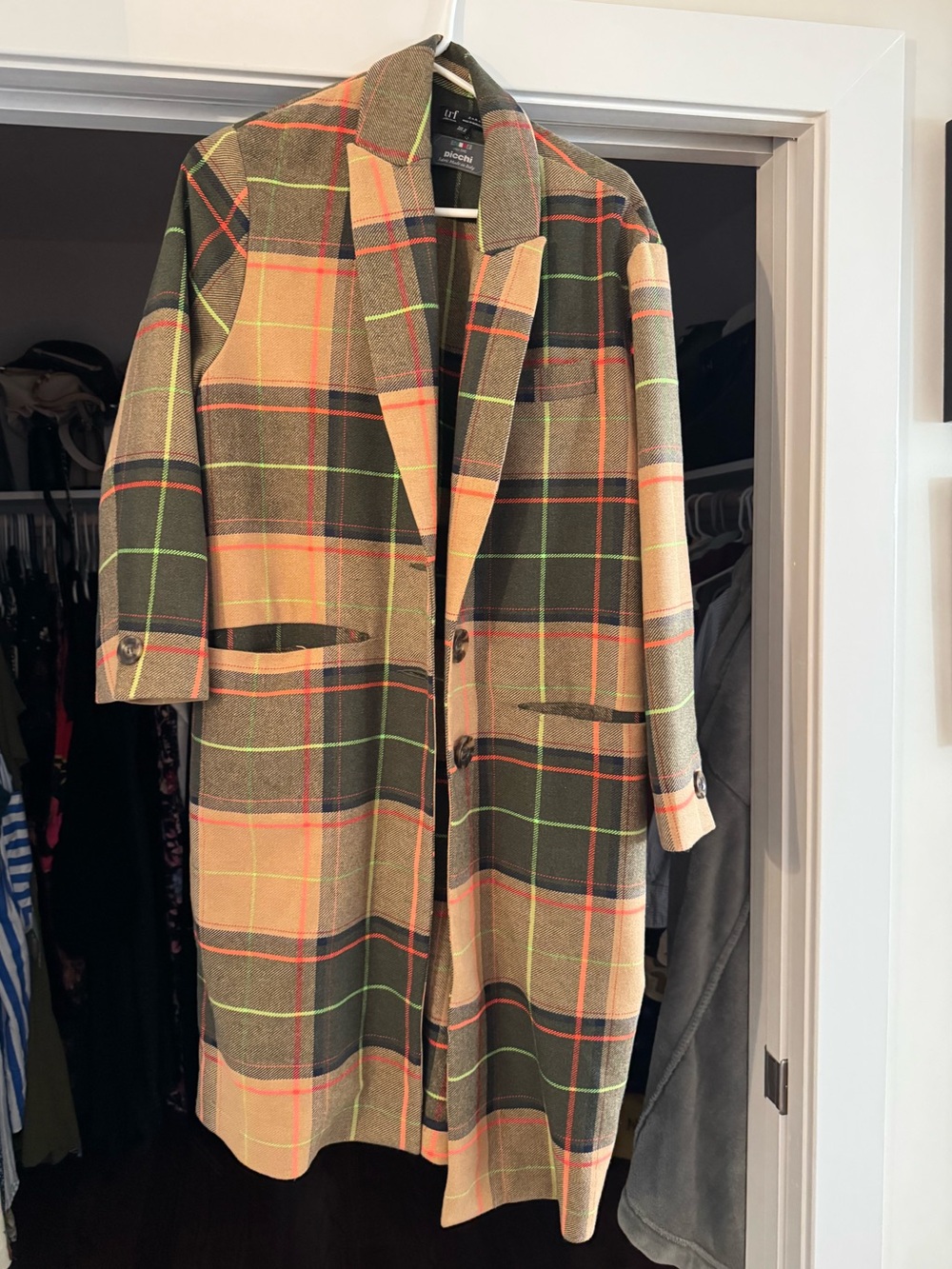 Zara Plaid Trench Coat in Beige, Olive, Orange and Neon Green